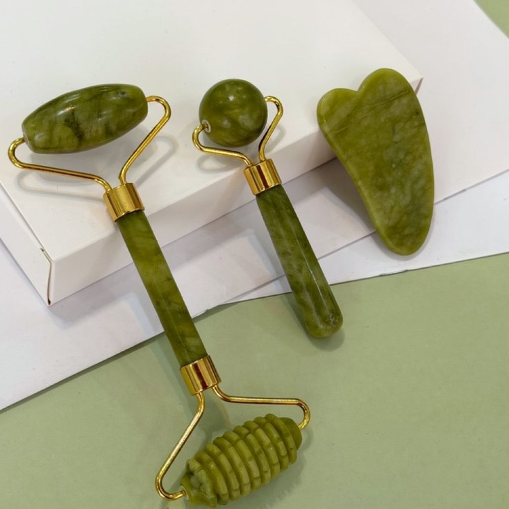 Jade Roller Stone - Naturalny, zielony zestaw do masażu z